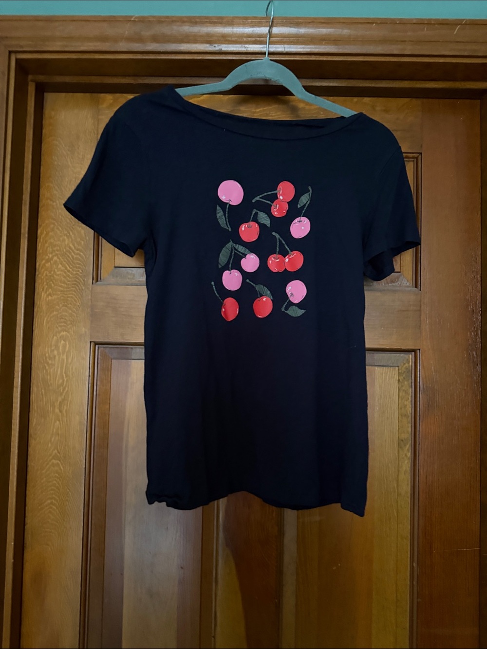 LOFT Black Short Sleeve Tee with Pink & Red Cherry Print
